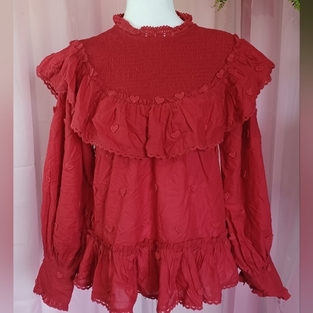 FARM Rio Red Ruffled Long-Sleeve Tunic Top - Picture 2 of 4